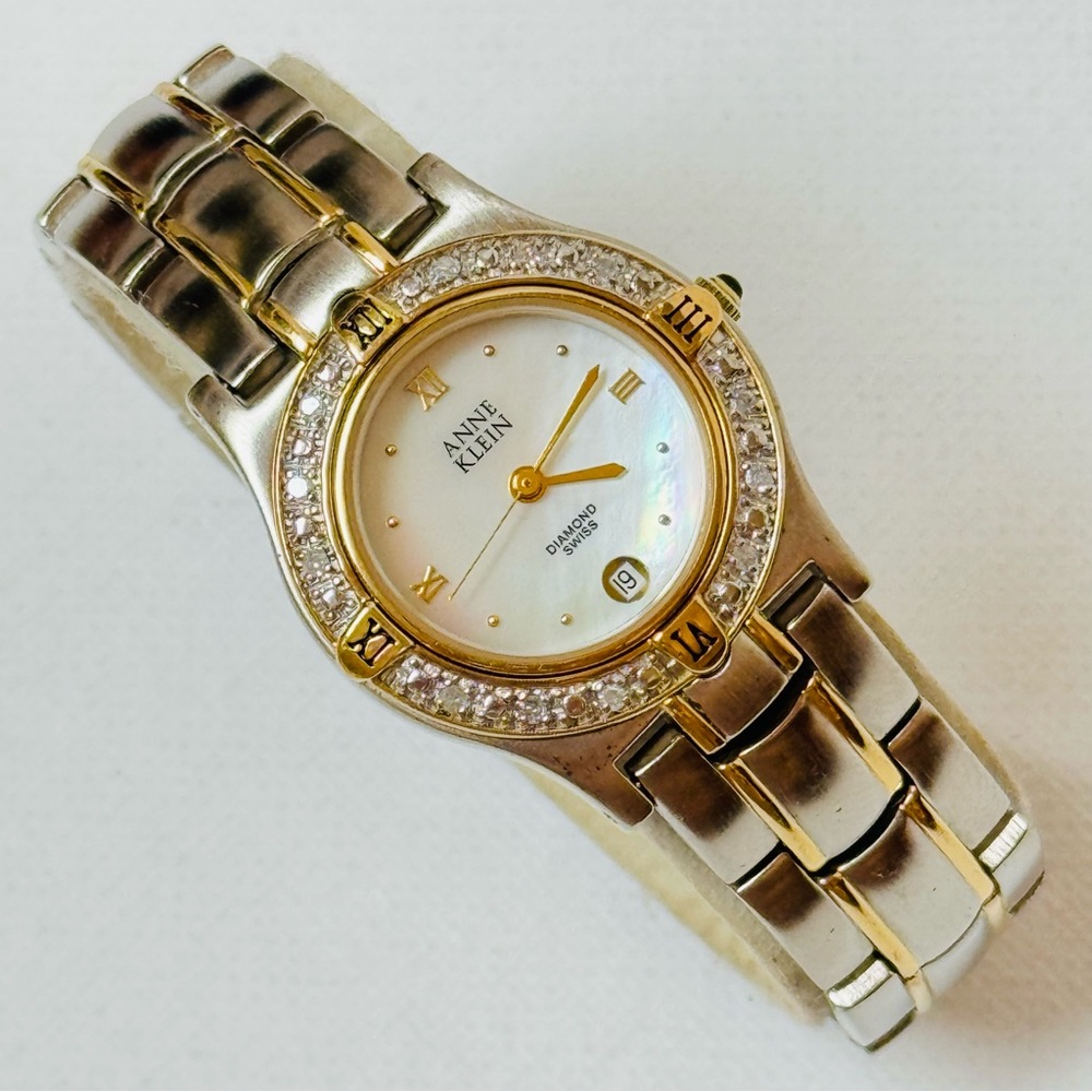Anne Klein Diamond Swiss Mother Of Pearl Womens Dress Watch Two Tone 12/7457
